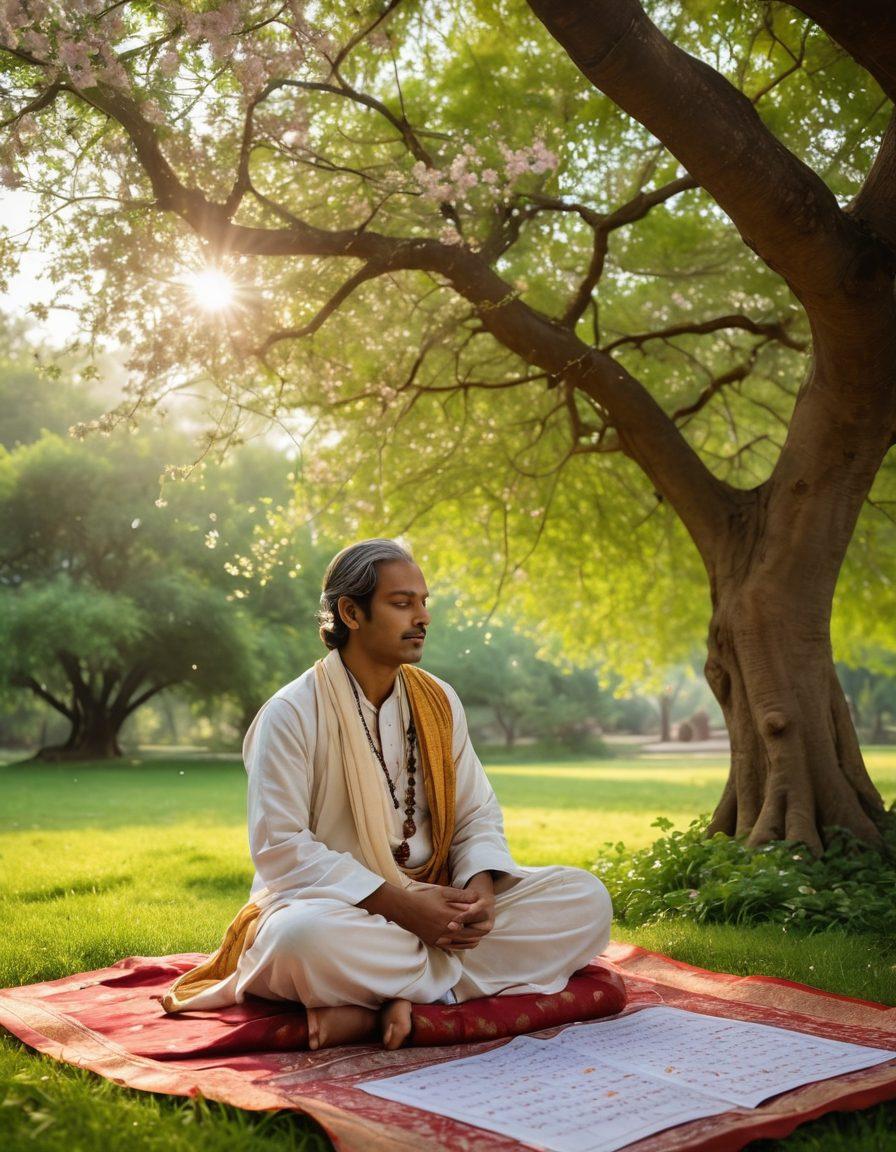 A serene Pandit sitting under a blooming tree, surrounded by astrological charts and Vedic texts, casting a mystical aura. Soft rays of sunlight filtering through the leaves creating a divine atmosphere, with astrological symbols subtly glowing in the background. Ethereal and tranquil color palette, invoking a sense of spiritual journey. super-realistic. vibrant colors. 3D.