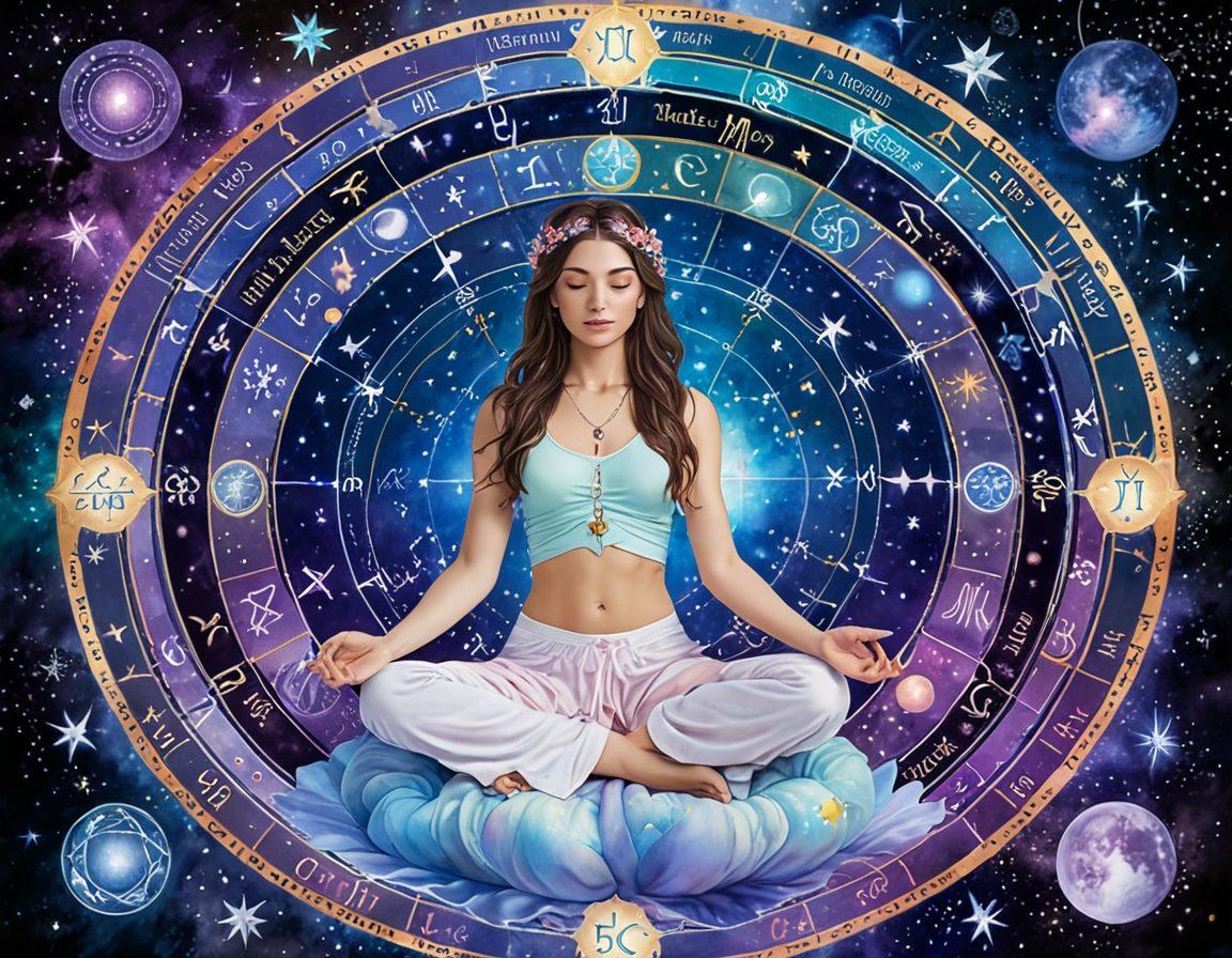A cosmic scene depicting a beautifully designed birth chart, intertwined with vibrant zodiac symbols and constellations. The chart radiates transformative energy, surrounded by celestial elements like planets and shooting stars. Include an ethereal figure meditating at the center, drawing insights from the chart. Soft pastel colors blend harmoniously, creating a soothing atmosphere. fantasy art. vibrant colors. galaxy background.