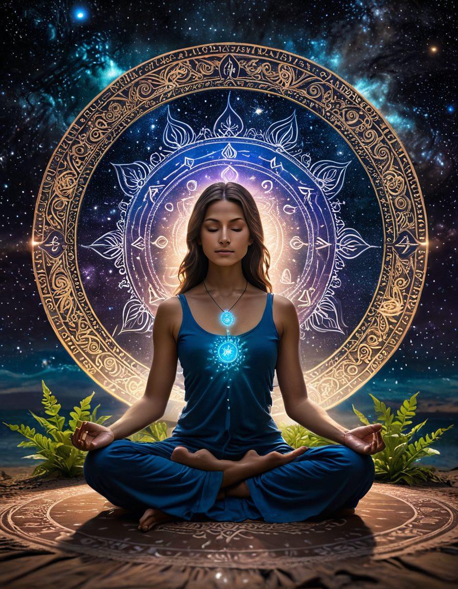 A mesmerizing scene depicting a serene figure meditating in front of a glowing cosmic mandala, surrounded by zodiac symbols. Ethereal light beams emanate as mantras appear in the air, blending with ancient Vedic texts floating around. The backdrop features a tranquil starry night sky, emphasizing spiritual awakening. Include elements of nature such as gentle waves and lush greenery. vibrant colors. super-realistic.